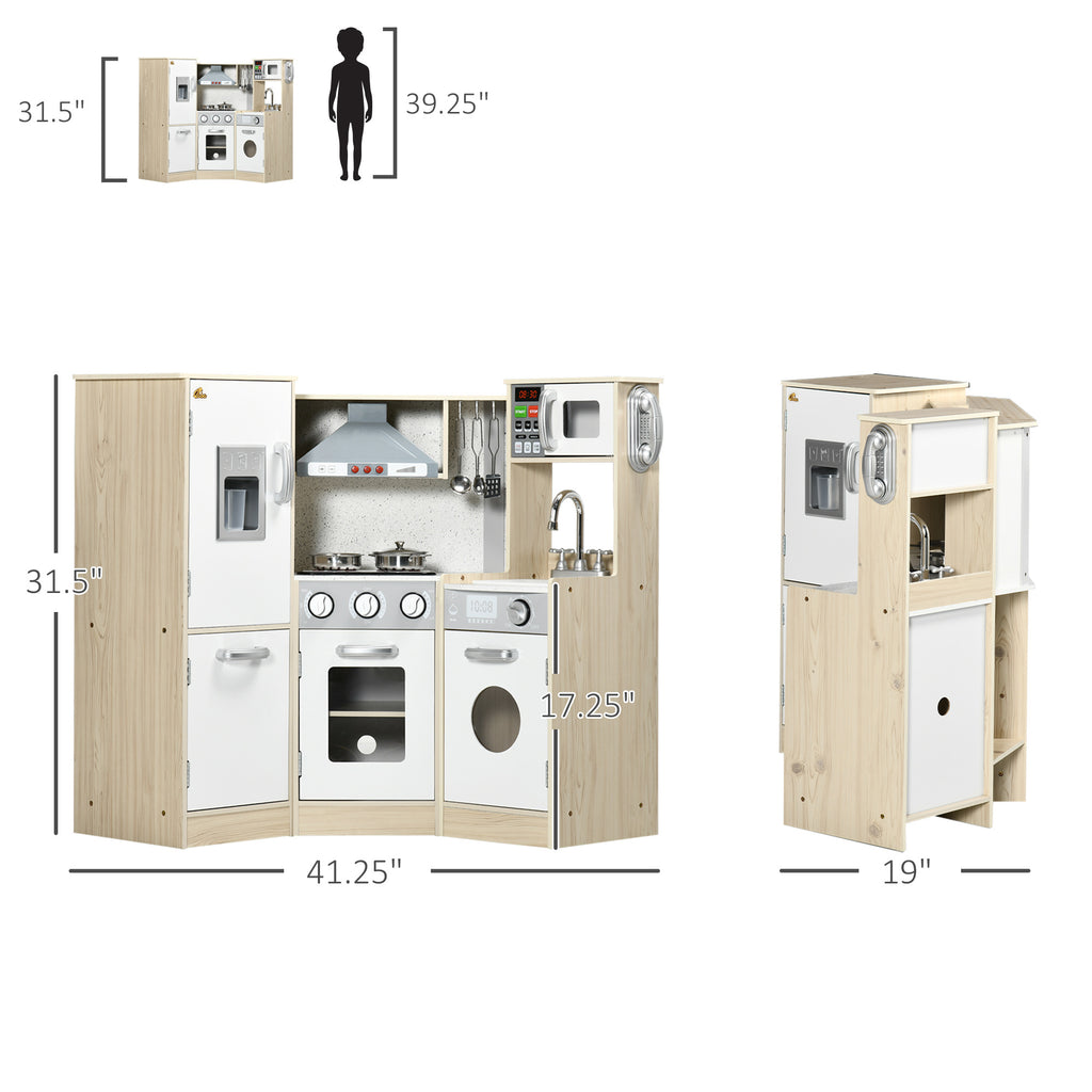 Ultra-Big Corner Kids Kitchen Playset with Sound Effects, Wooden Play Kitchen  with Stainless Steel Cooking Toys, Imaginative Pretend Toy for Ages 3-6 with Phone, Ice Maker